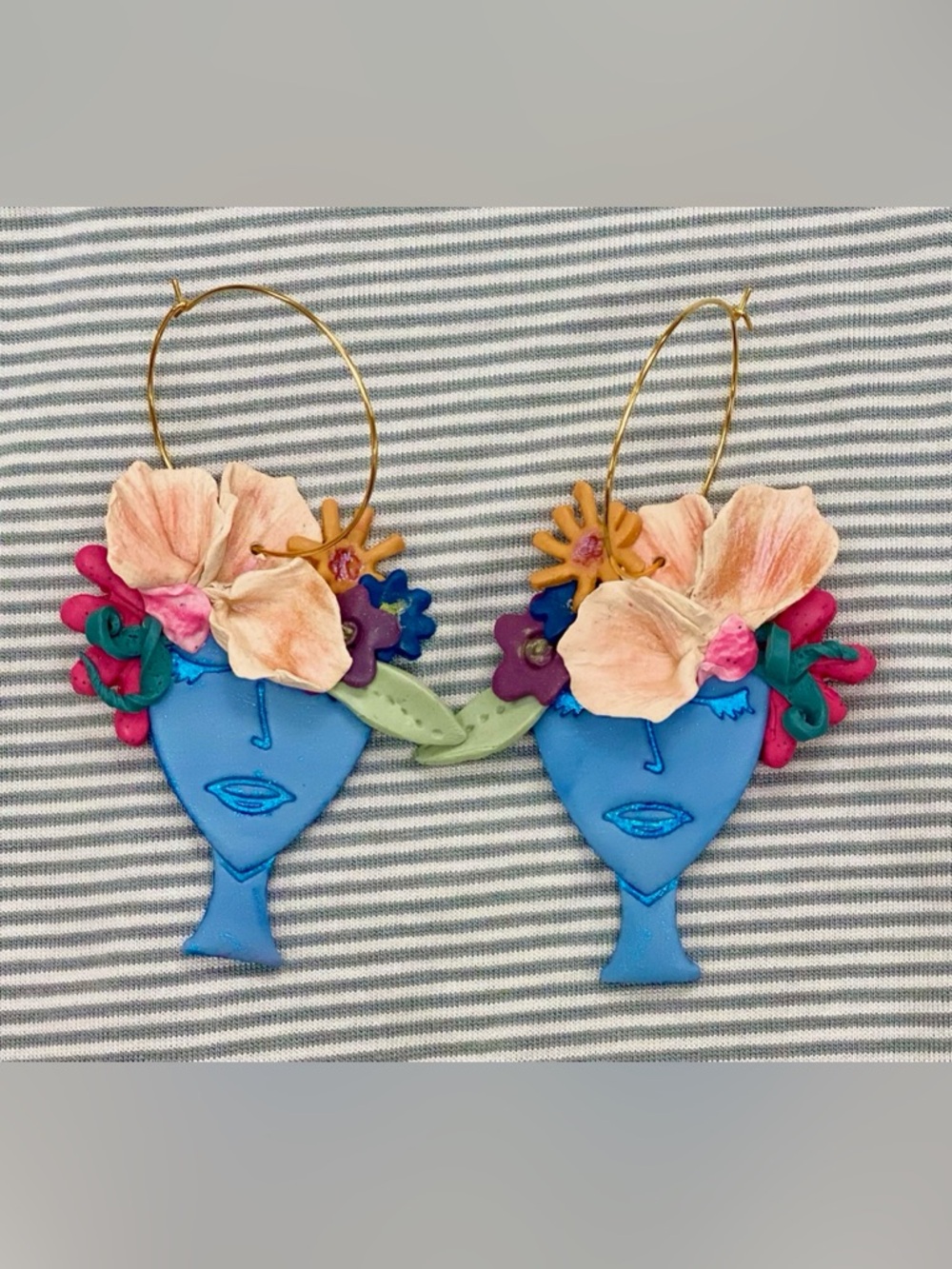 Handcrafted Artisan Blue Face Floral Hoop Earrings - Women Accessories - Picture 2 of 2